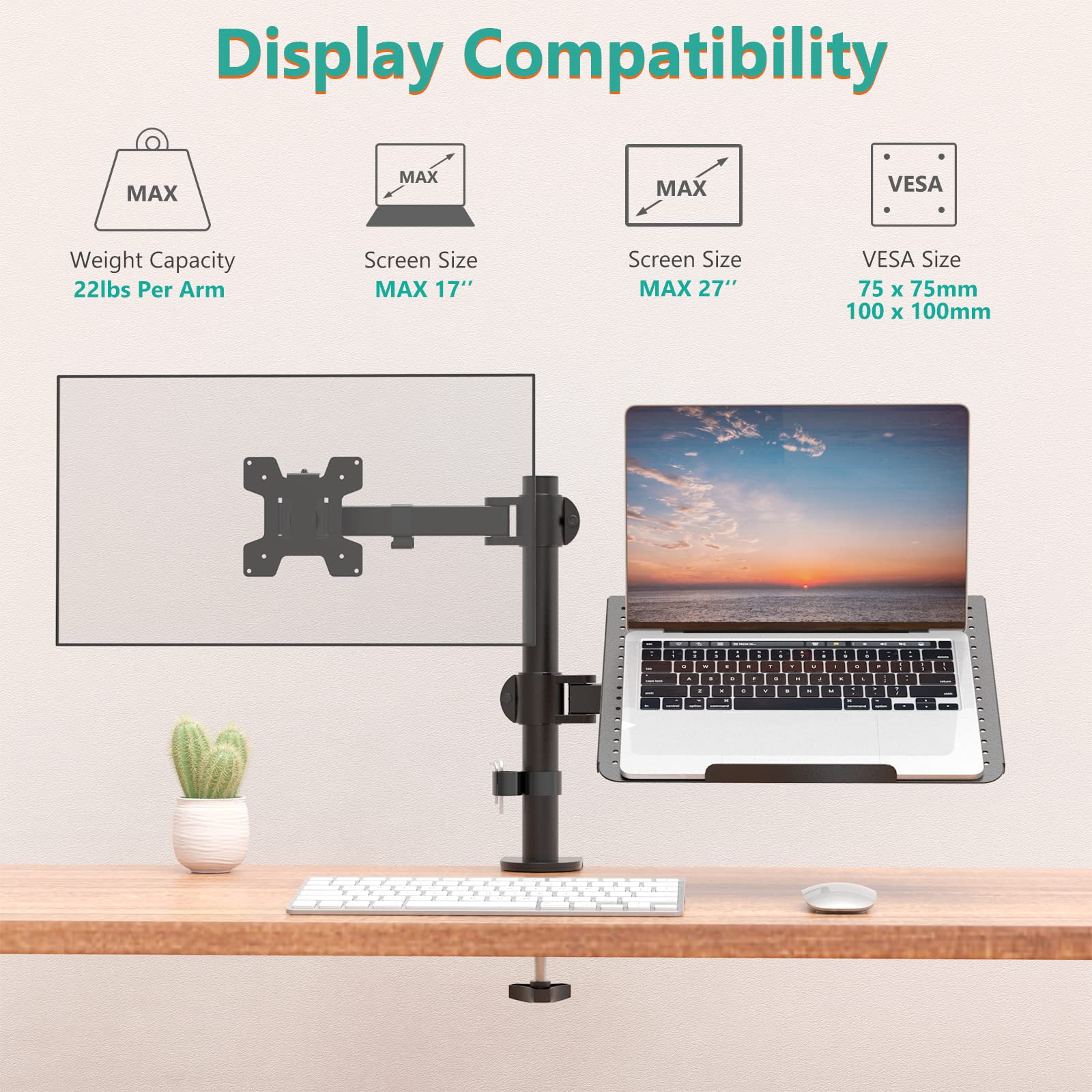 Laptop and Monitor Mount Stand, Single Monitor Desk Mount with Tray for 1 Laptop Notebook up to 17 inch and 1 LCD Monitor Mount up to 27 inch, Weight up to 22lbs (M001LP), Black