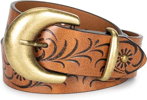Women’s Leather Western Floral Belt with Gold Buckle