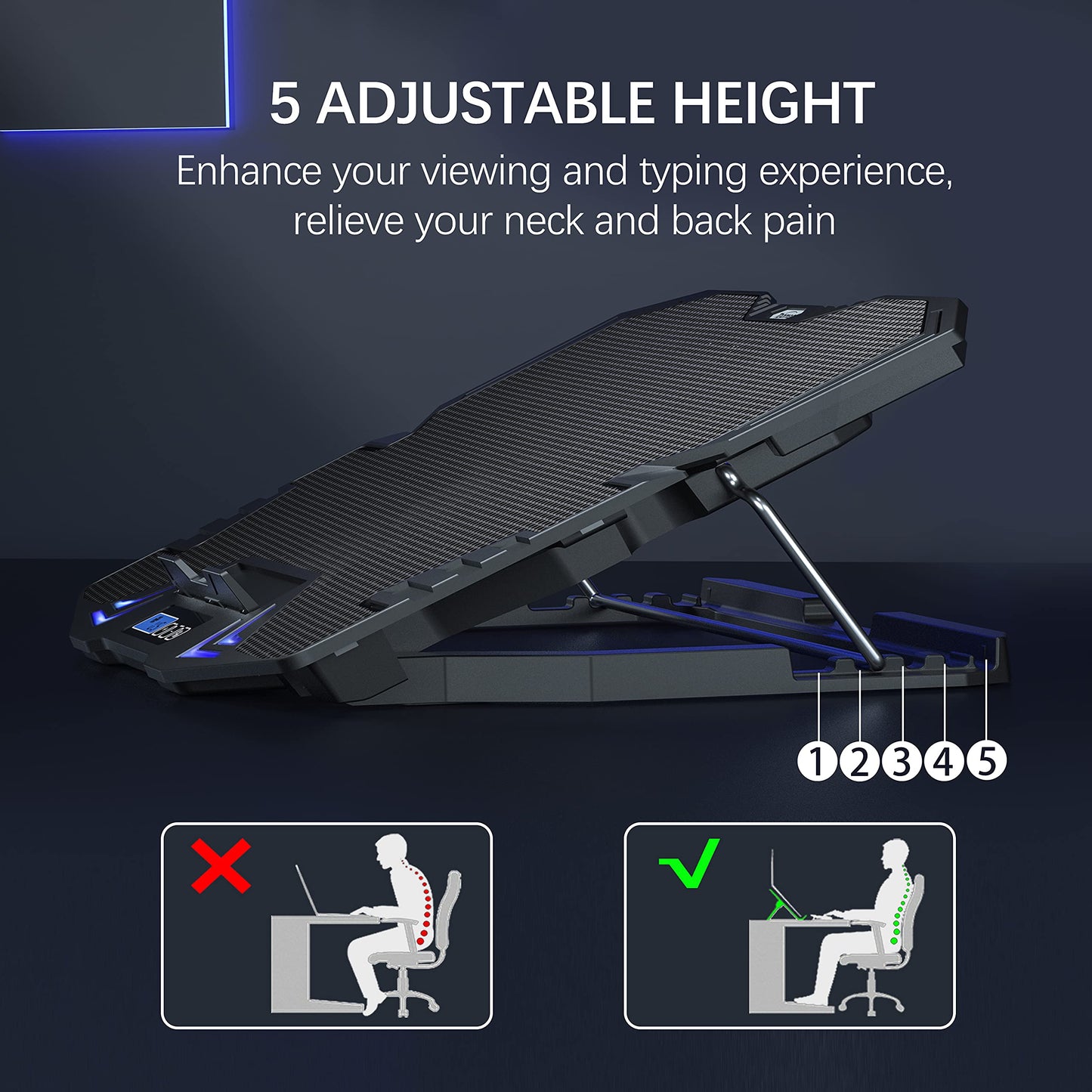 C5 Laptop Cooling Pad Gaming Notebook Cooler, Laptop Fan Cooling Stand Adjustable Height with 5 Quiet Fans Blue LED Light, Computer Chill Mat with LCD Controller, for 10-15.6 Inch Laptops