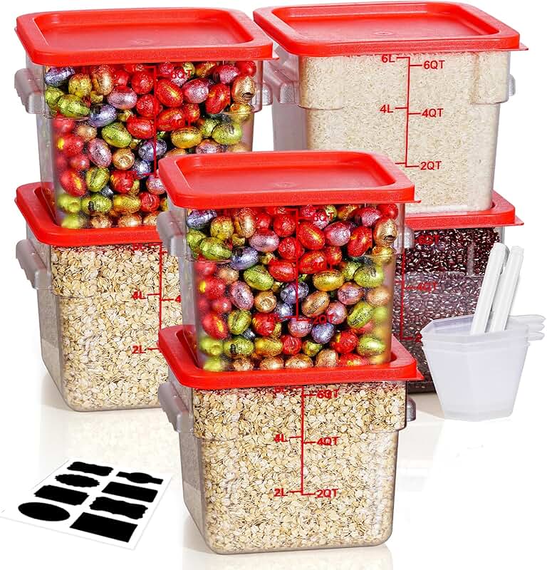 Six 6-quart clear food storage containers with lids