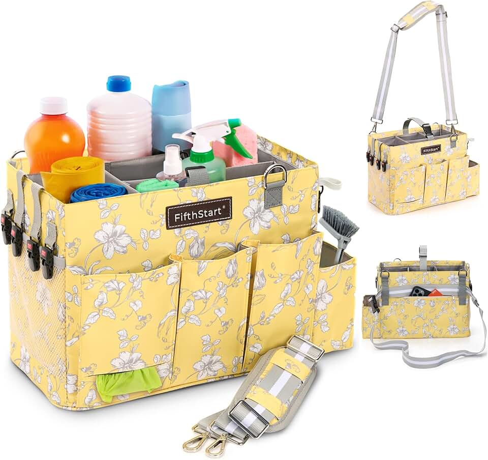 Small floral cleaning caddy with adjustable compartments