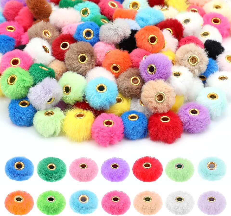 200 Colorful Fluffy Faux Fur Pom Pom Beads