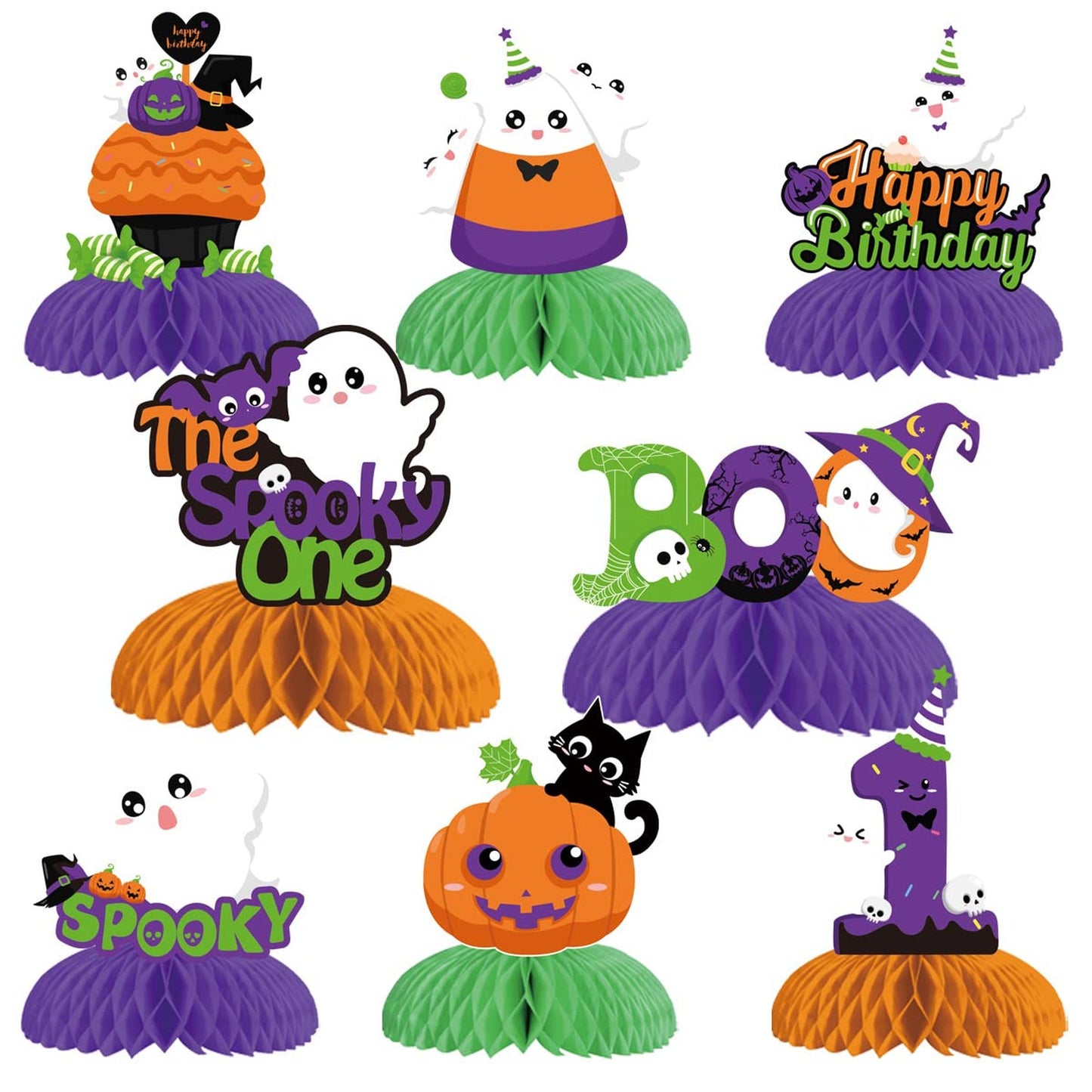 Spooky One Honeycomb Centerpieces - Vibrant Orange, Purple, Green, and Black First Birthday Table Decorations for Boys and Girls - Party Supplies
