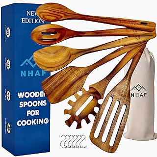 Set of 6 Wooden Cooking Spoons with Hooks