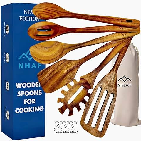 Set of 6 Wooden Cooking Spoons with Hooks