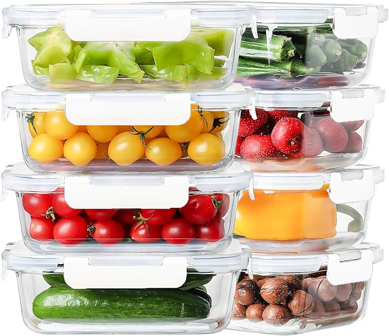 Set of 8 large glass meal prep containers with lids