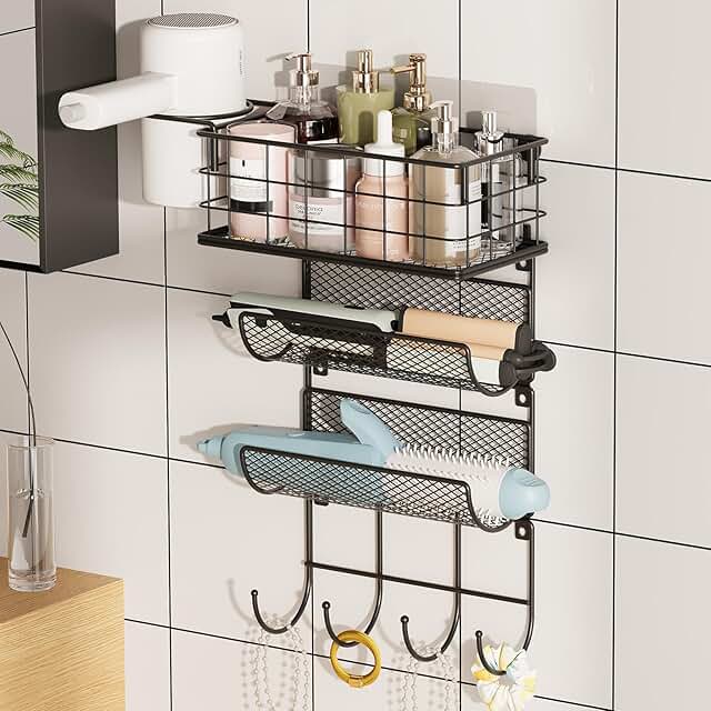 Four-tier wall-mounted hair tool organizer with hooks