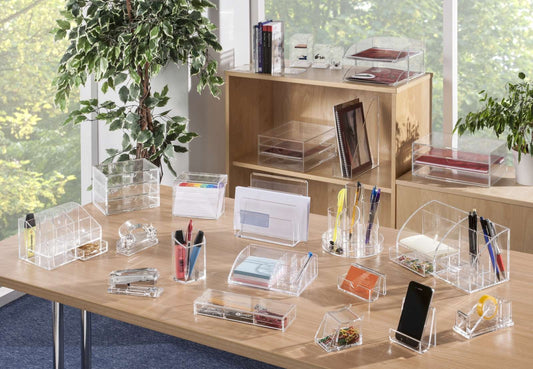 Clear acrylic desk organiser, 130mm x 250mm x 120mm