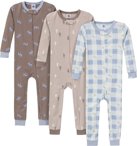 Baby Girls 3-Pack Cotton Footless Pajamas, Moose & Trees, 18 Months