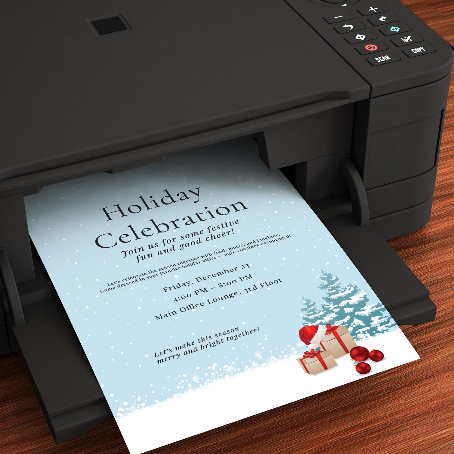Holiday Paper with Snowy Scene and Gift Boxes