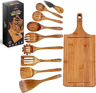 10-Piece Teak Wooden Cooking Spoon Set and Cutting Board