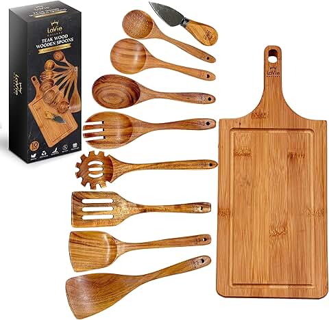 10-Piece Teak Wooden Cooking Spoon Set and Cutting Board