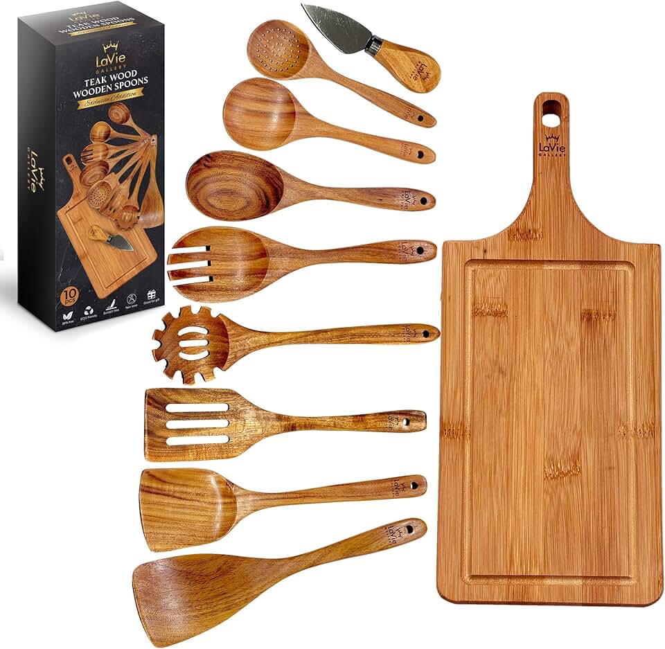 10-Piece Teak Wooden Cooking Spoon Set and Cutting Board