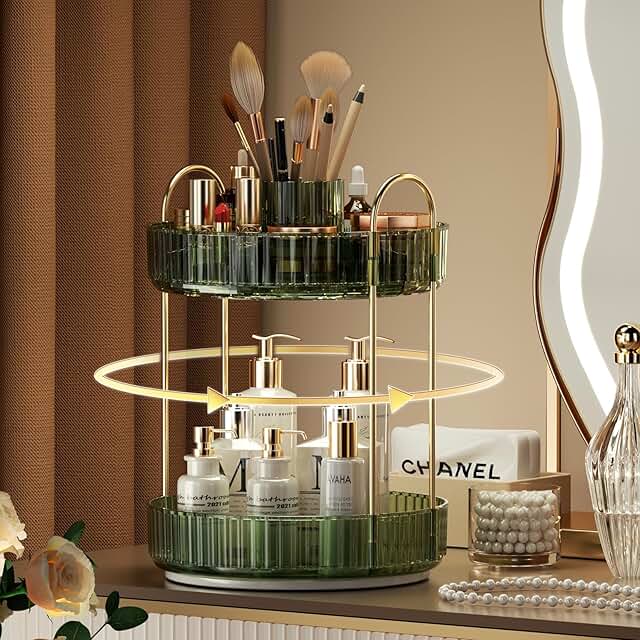 Two-tier vintage green rotating makeup organizer
