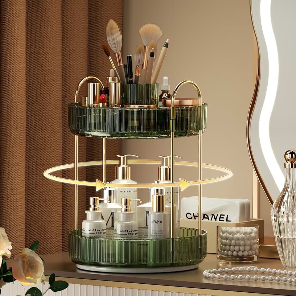 Two-tier vintage green rotating makeup organizer