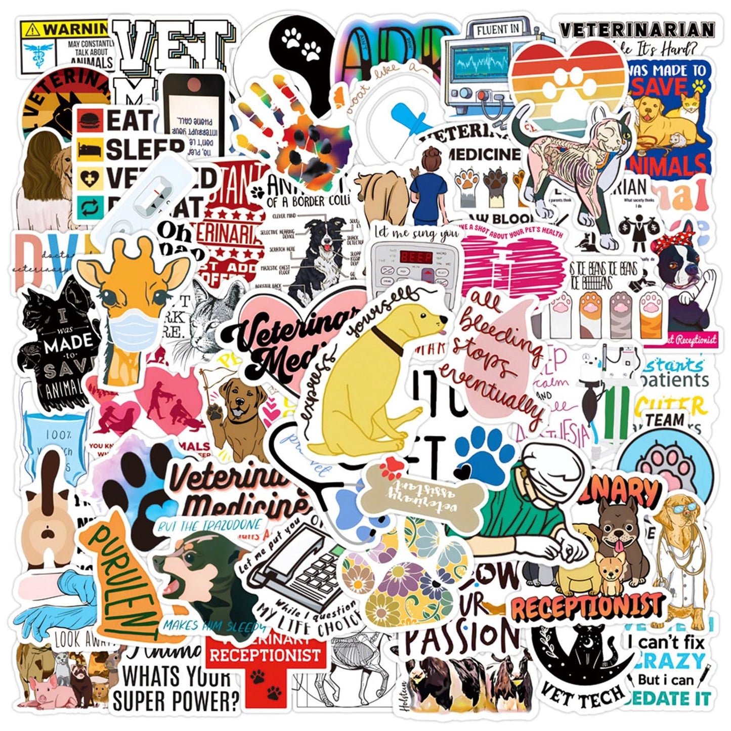 100 Cute Veterinary Stickers for Water Bottles and More