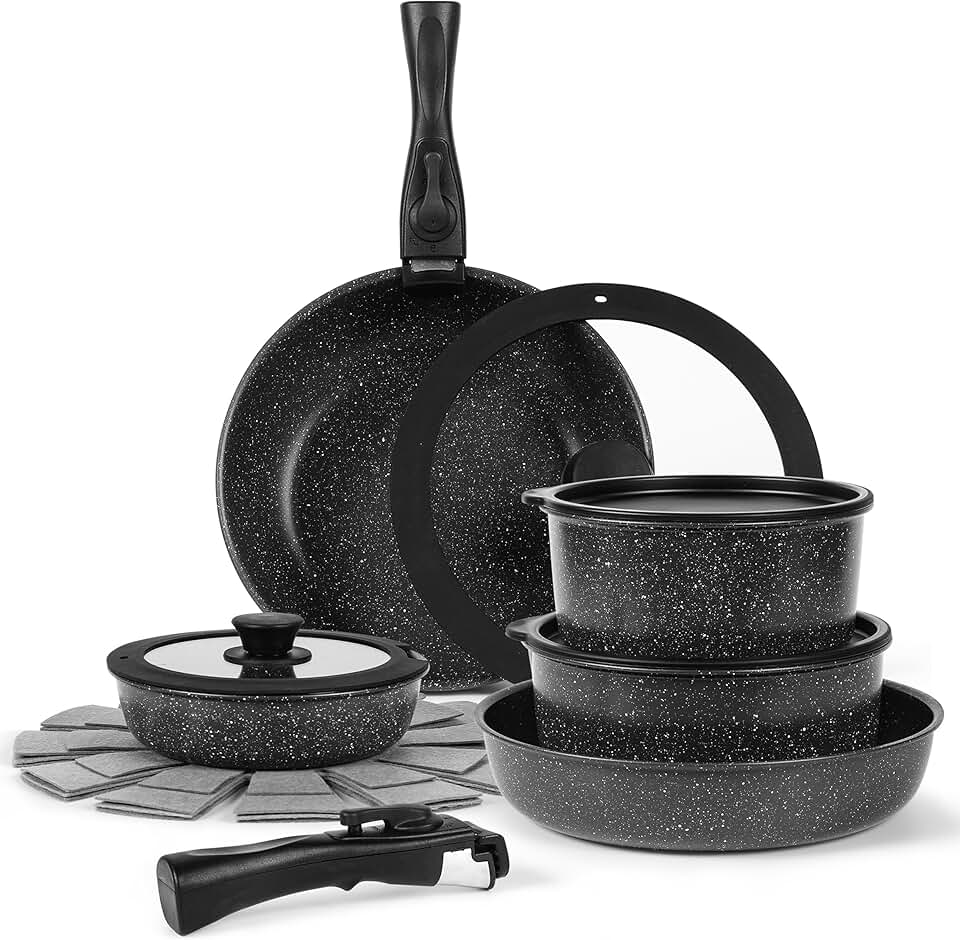 15-Piece Nonstick Marble Cookware Set with Removable Handle