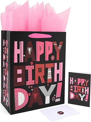 Large Black Happy Birthday Gift Bag with Handles and Accessories