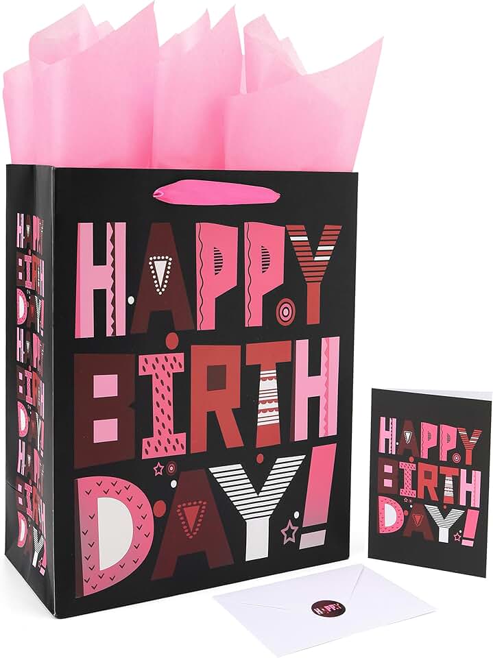 Large Black Happy Birthday Gift Bag with Handles and Accessories