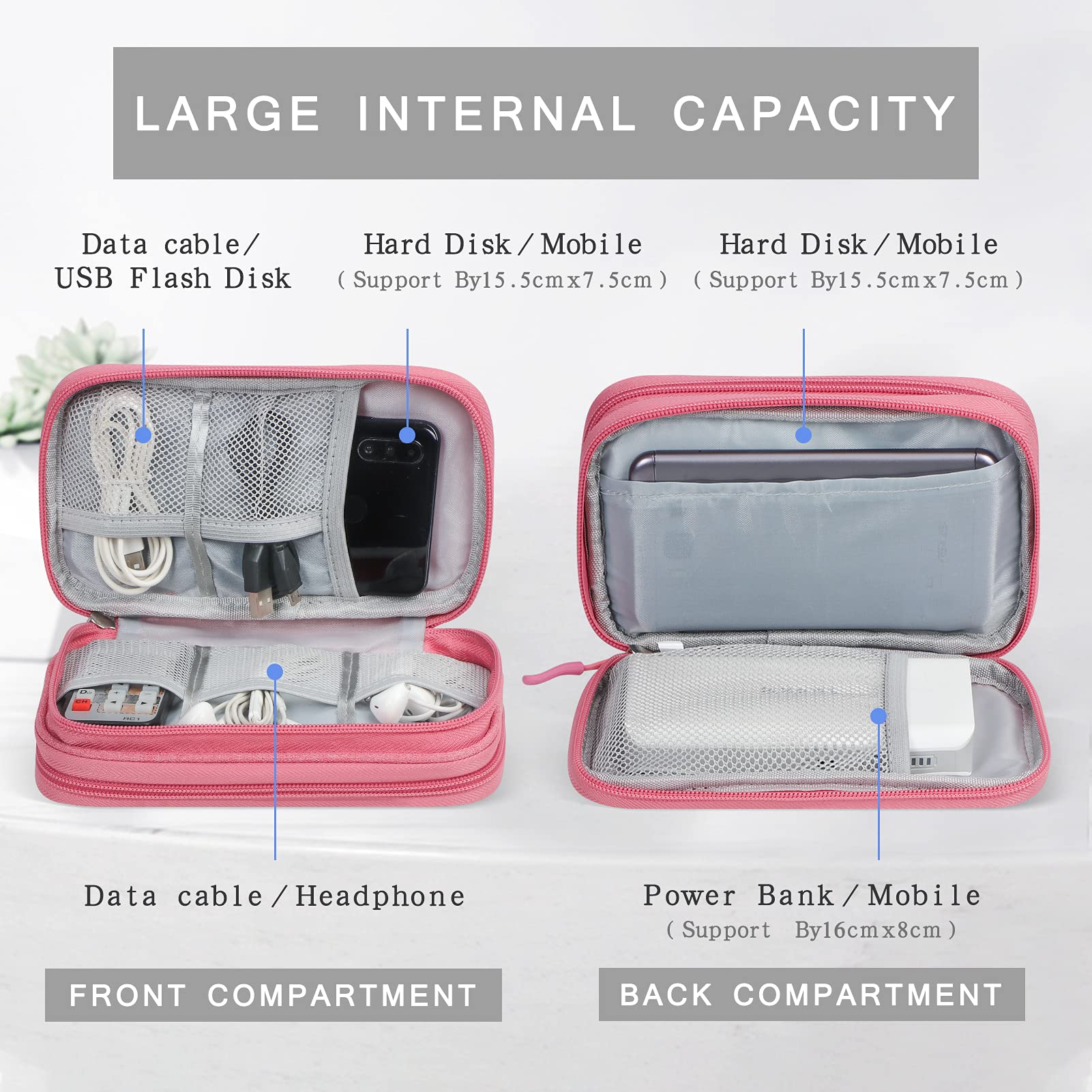 Travel Cable Organizer,Electronics Accessories Cases, All-in-One Storage Bag,[Waterproof] Accessories Carry Bag for USB Data Cable,Earphone Wire,Power Bank, Phone,Pink