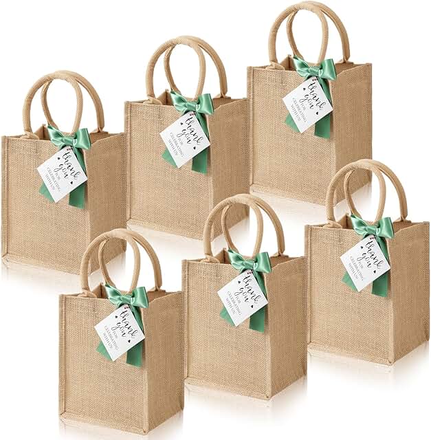Six Small Burlap Tote Bags with Handles and Thank You Tags