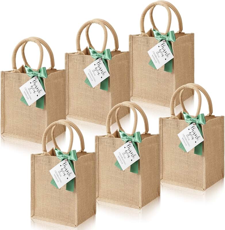 Six Small Burlap Tote Bags with Handles and Thank You Tags