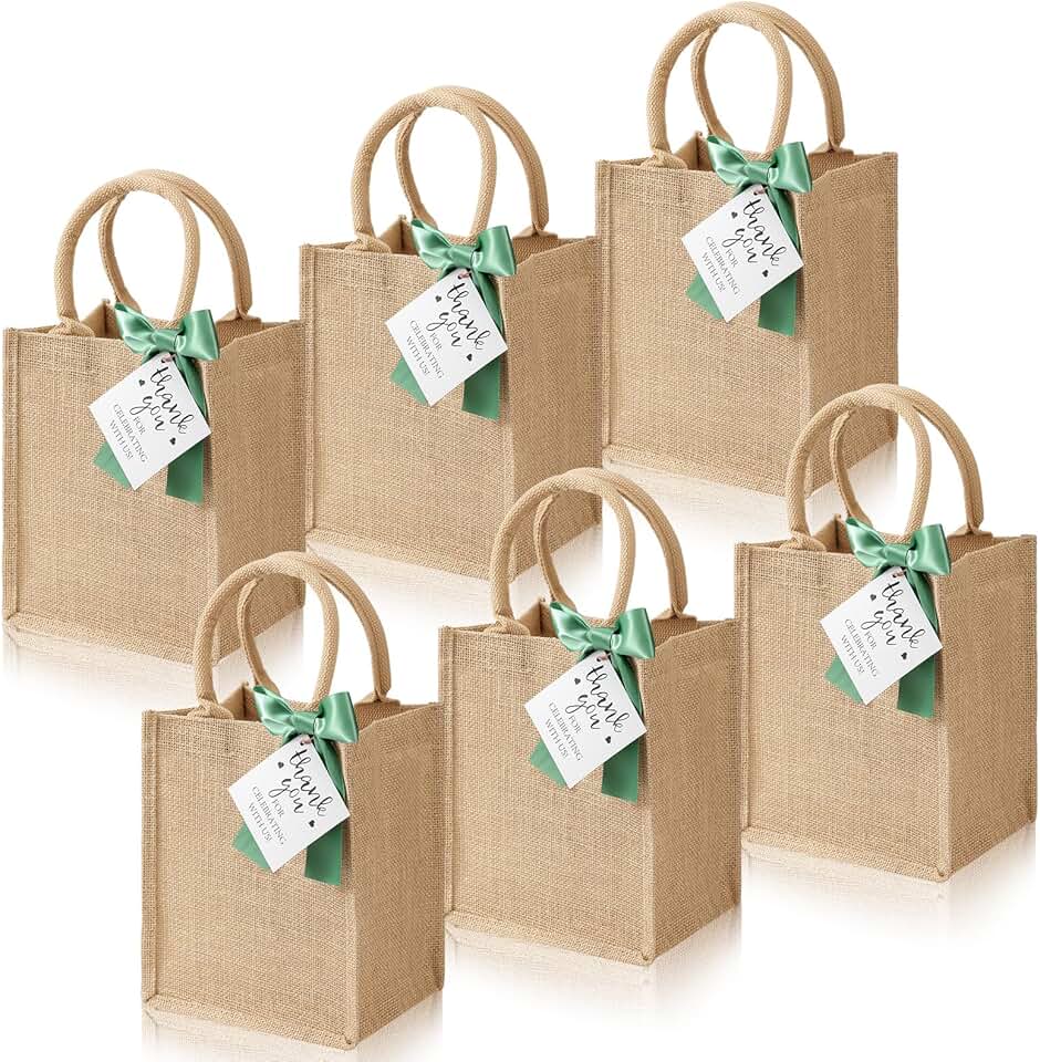 Six Small Burlap Tote Bags with Handles and Thank You Tags