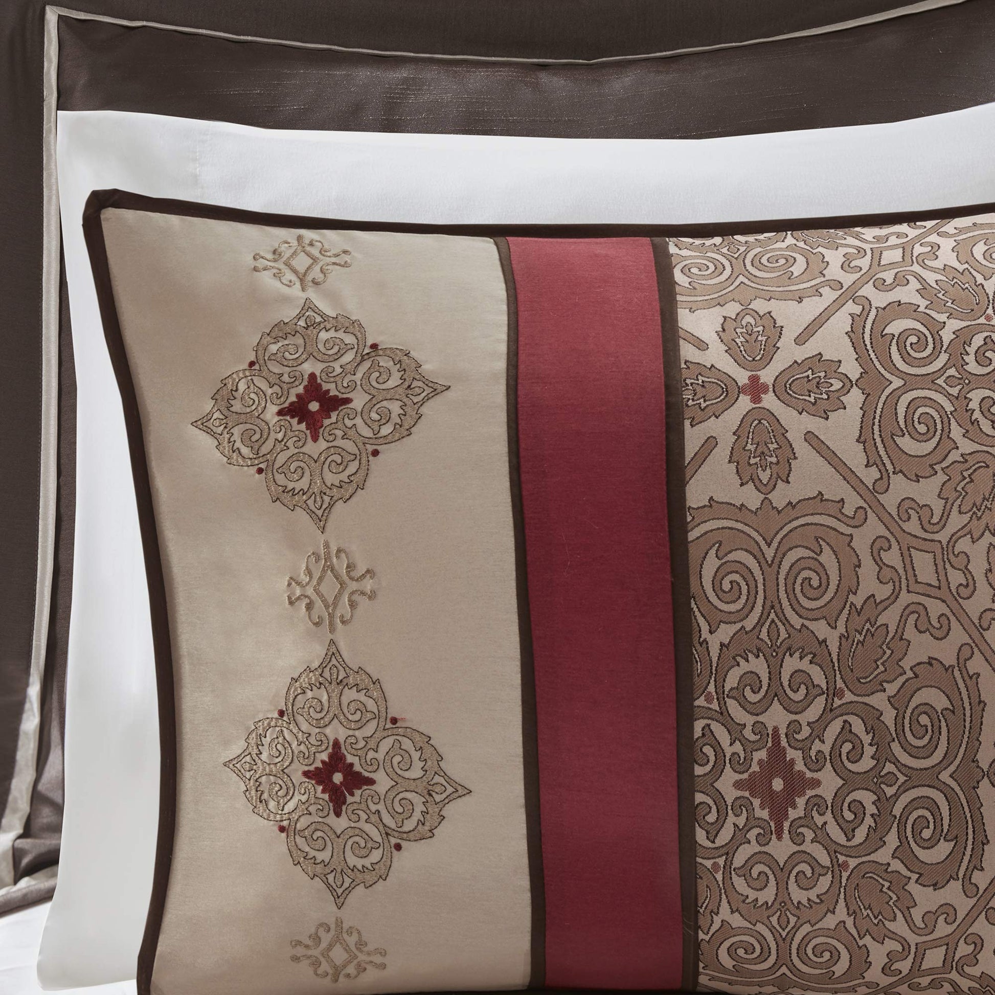 Essentials Delaney 24-Piece Room In A Bag Comforter Set- Jacquard, All Season Bedding, Sheets, decorative pillows and Curtains, Valance, Queen(90"x90"), Medallion Red