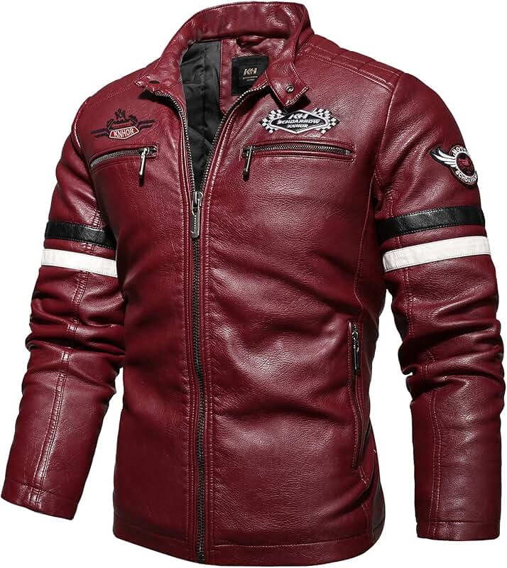 Men's Casual Faux Leather Stand Collar Zip-Up Jacket
