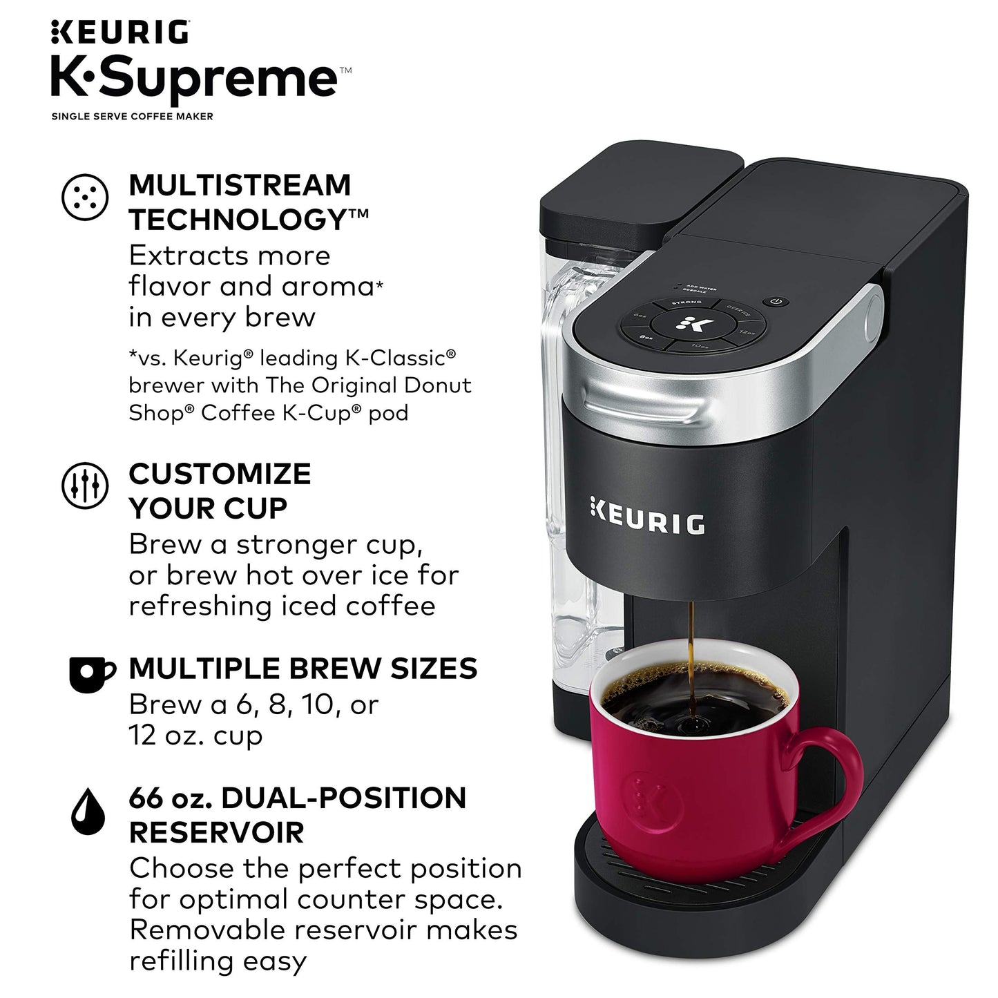 K-Supreme Coffee Maker, Single Serve K-Cup Pod Coffee Brewer, With MultiStream Technology, 66 Oz Dual-Position Reservoir, and Customizable Settings, Black
