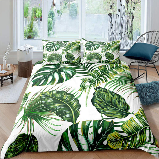 Palm Leaves Comforter Cover Monstera Banana Leaves Duvet Cover H aiian Tropical Leaves Bedding Set Green Leaves Branches Quilt Cover for Men Women, White 2 Pcs Twin Size