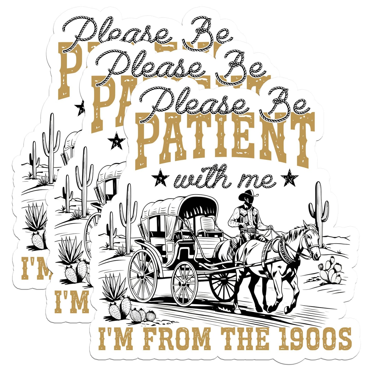 Set of 3 humorous 1900s stickers, 3 inches