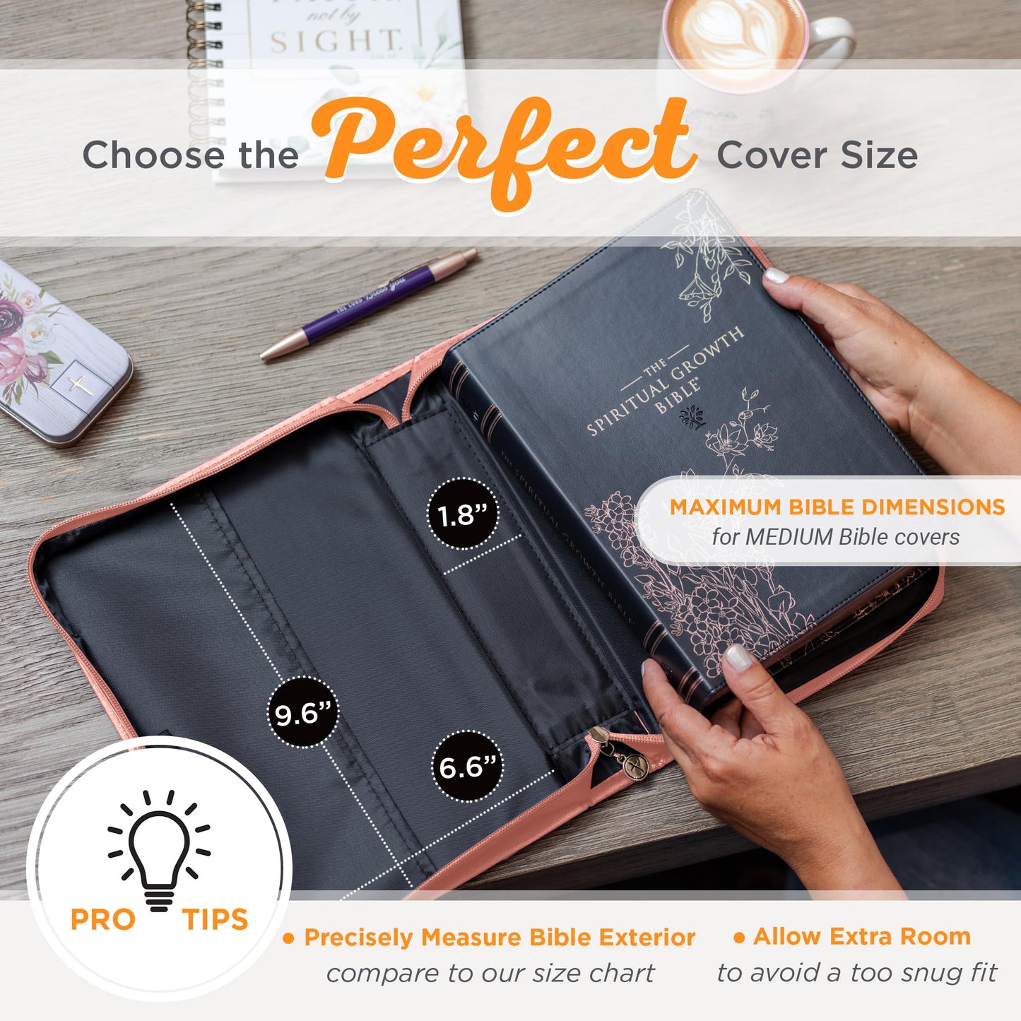 Women's Peach Floral Leather Bible Cover with Romans 8:28
