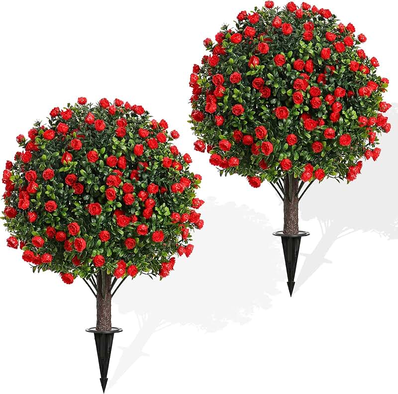 Set of 2 17-Inch UV-Resistant Red Rose Topiary Trees