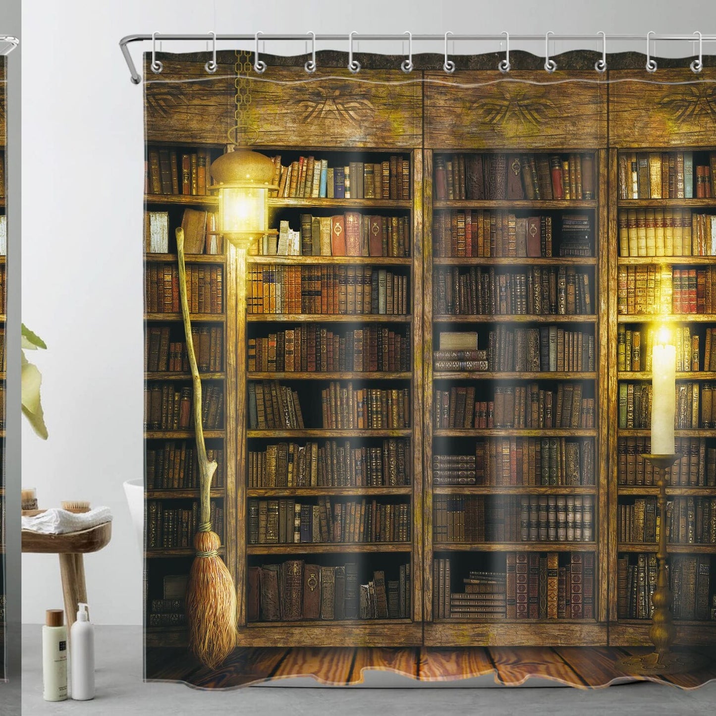 Shower Curtain Book Shelf Flying Broom 72x72 Inches