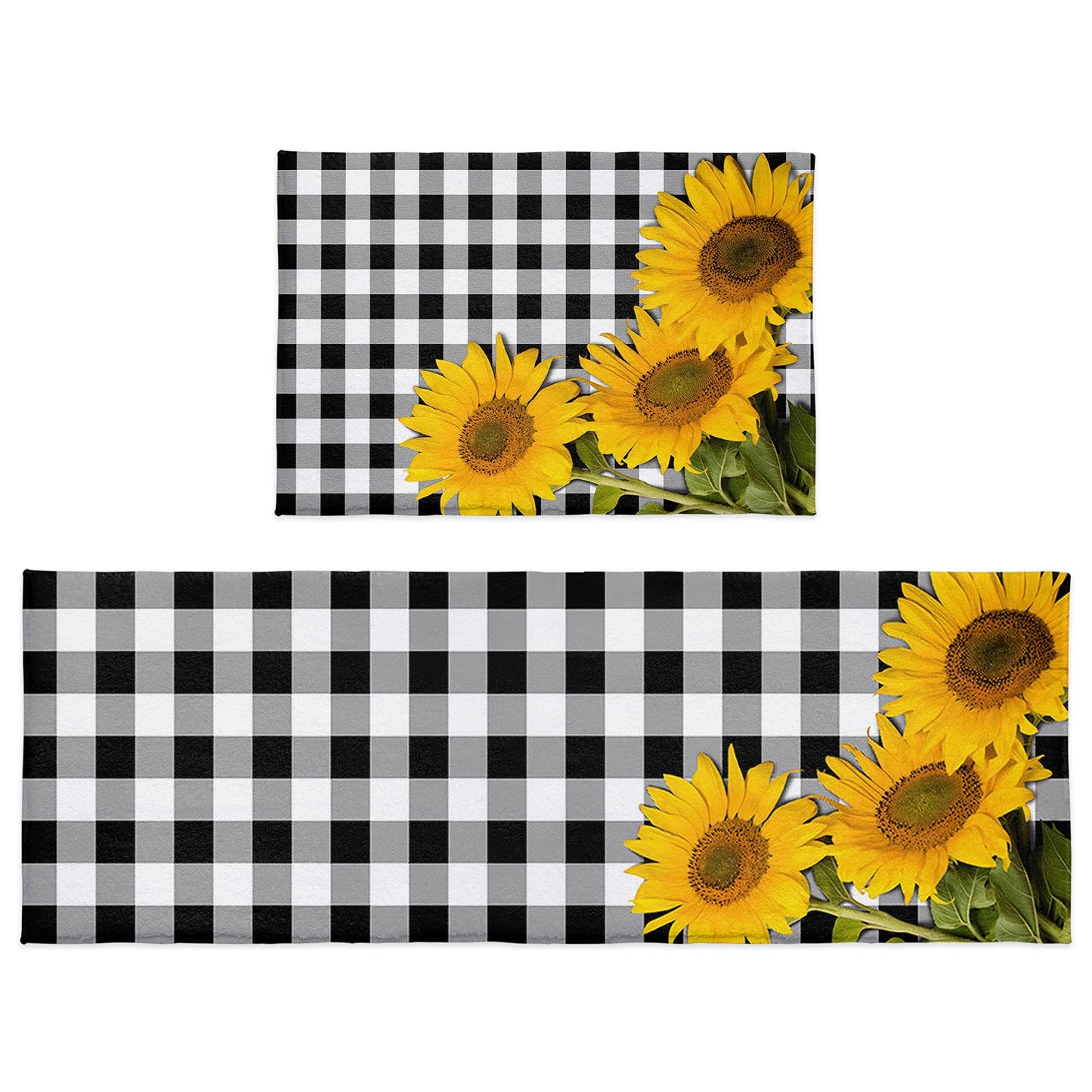 Sunflower Kitchen Mat Set of 2, Bright Sunflower on Black White Buffalo Plaid Check Summer Microfiber Kitchen Rug TPR Non- Backing Doormat Runner Rug Set Floor Mat, 16" x 24"+16" x 48")