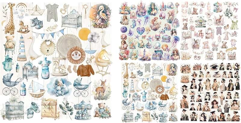Set of 5 Vintage Translucent Junk Journal Stickers