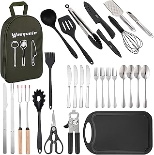 Camping cooking utensils set with stainless steel and silicone
