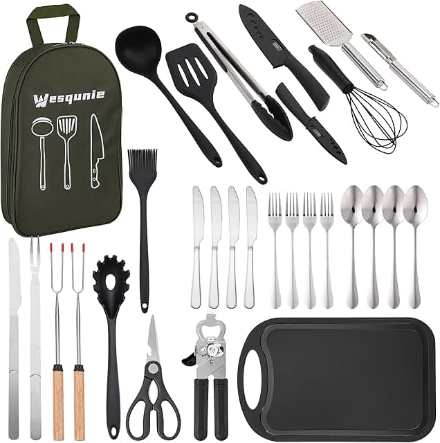 Camping cooking utensils set with stainless steel and silicone