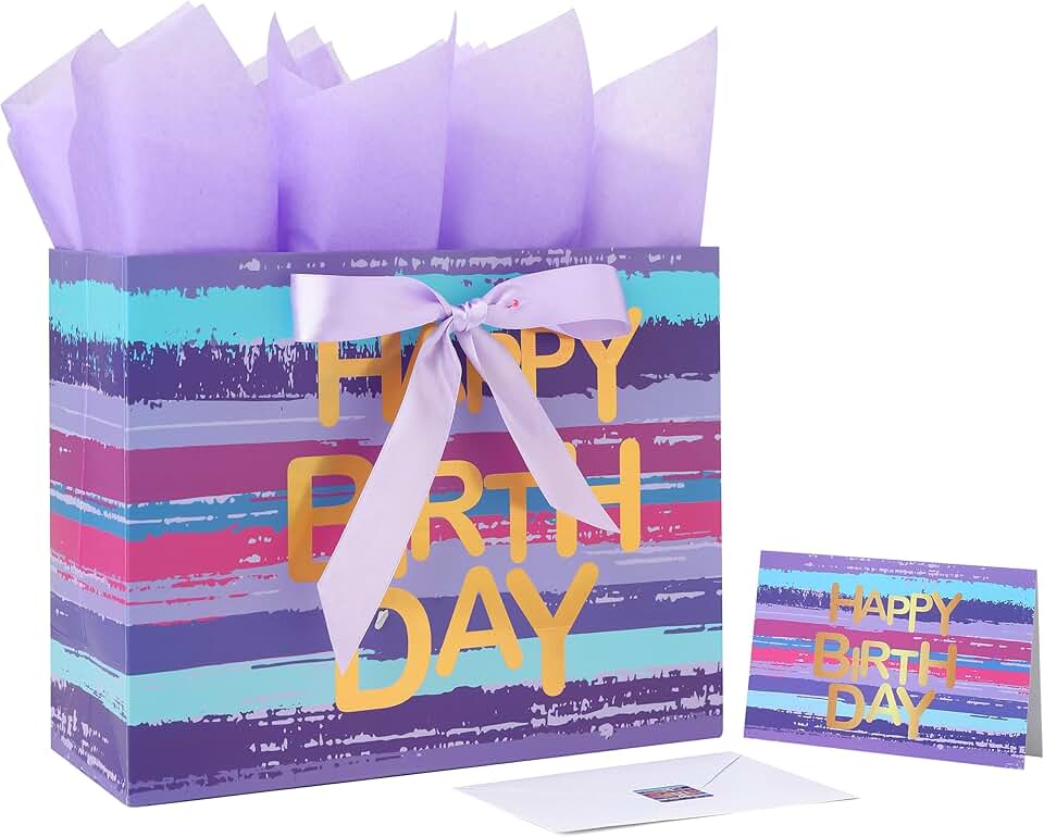 Large Purple-Blue Watercolor Gift Bag Set with Card and Tissue