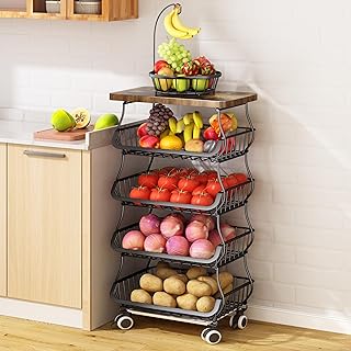 Fruit Basket and Storage Organizer with Wooden Top