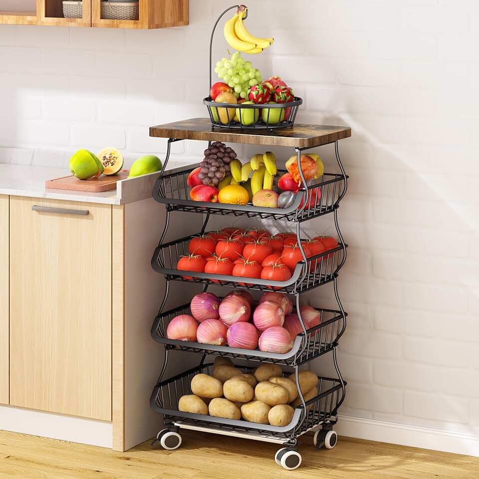 Fruit Basket and Storage Organizer with Wooden Top