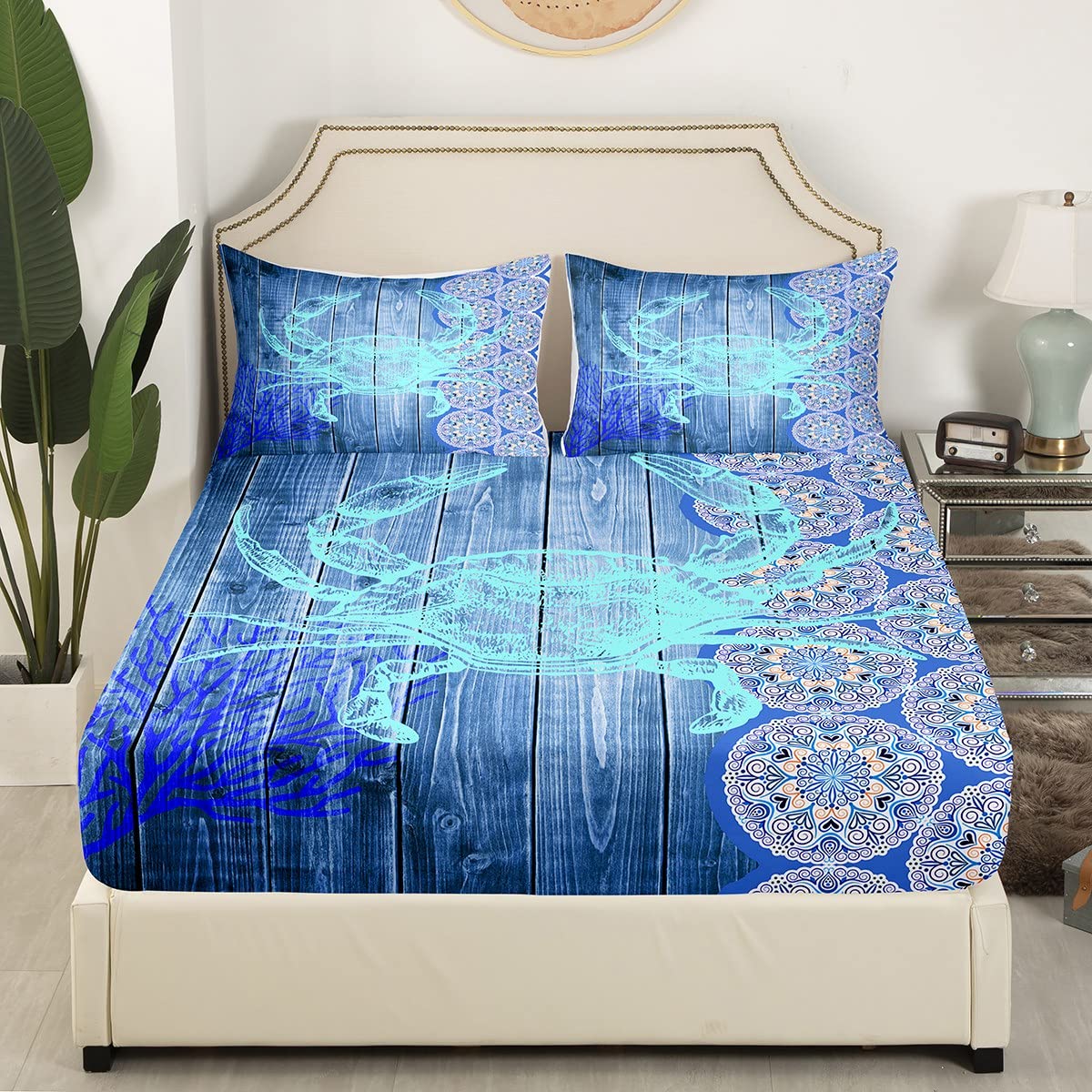 Blue Crab Sheet Set,Hippie Boho Mandala Bed Sheets Full Sea Ocean l Theme Flat Sheet Beach Animal Fitted Sheet Wood Board Home Room Decor,4Pcs with 2 Pillow Shams