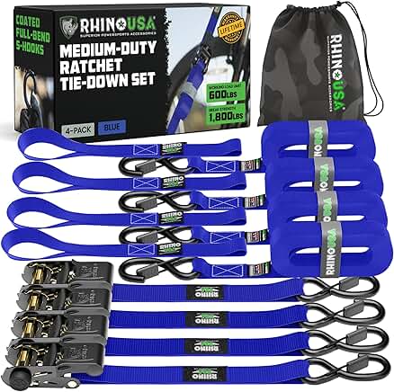 4-Pack 1-Inch x 15-Foot Ratchet Straps with Hooks