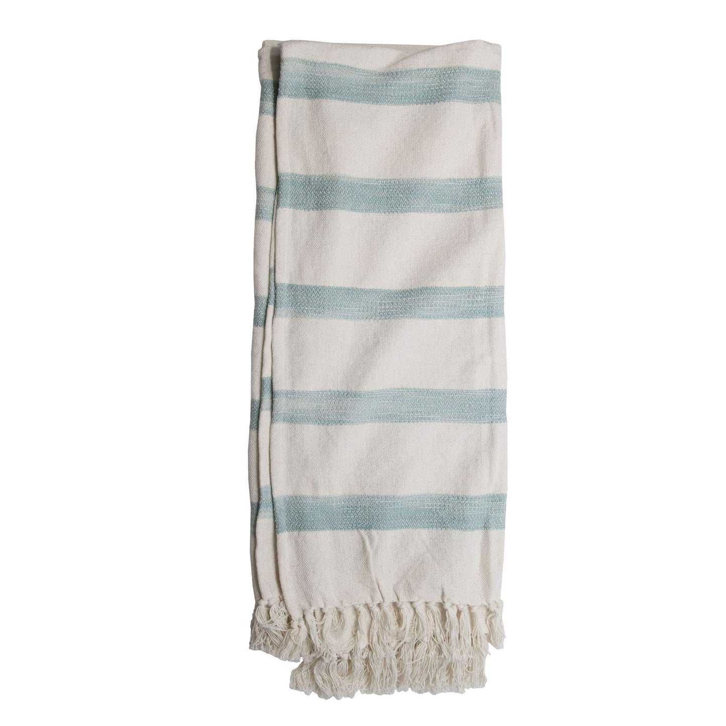 Blue Striped Handwoven 50 x 60 inch Cotton Throw Blanket with Hand Tied Fringed Tels, Green