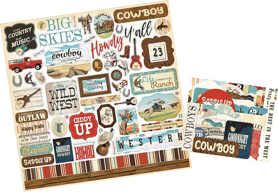 Western Cowboy Scrapbook Stickers Set with Horse and Boot Designs