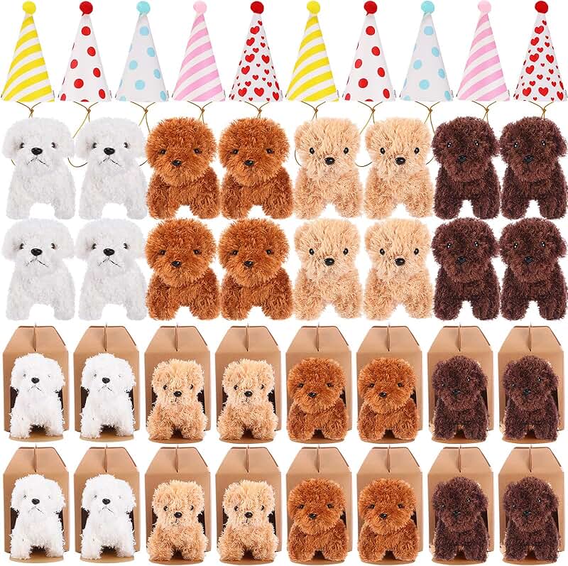 20 Mini Plush Dog Toys with Hats in Gift Boxes