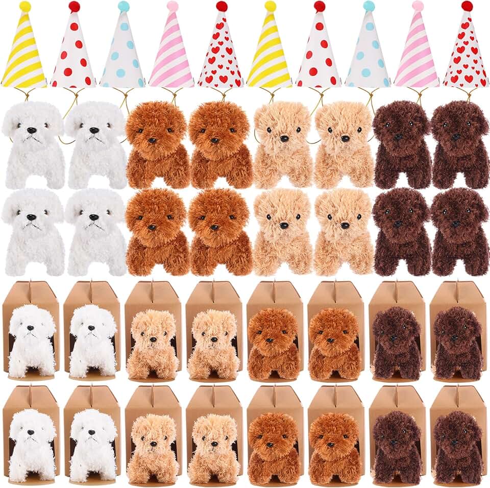 20 Mini Plush Dog Toys with Hats in Gift Boxes