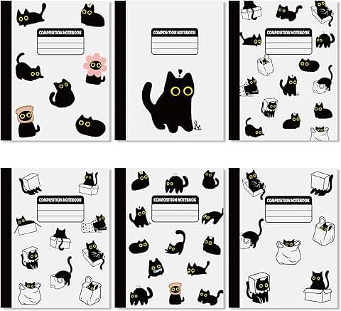 Set of 6 Black Cat Notebooks for School and Office