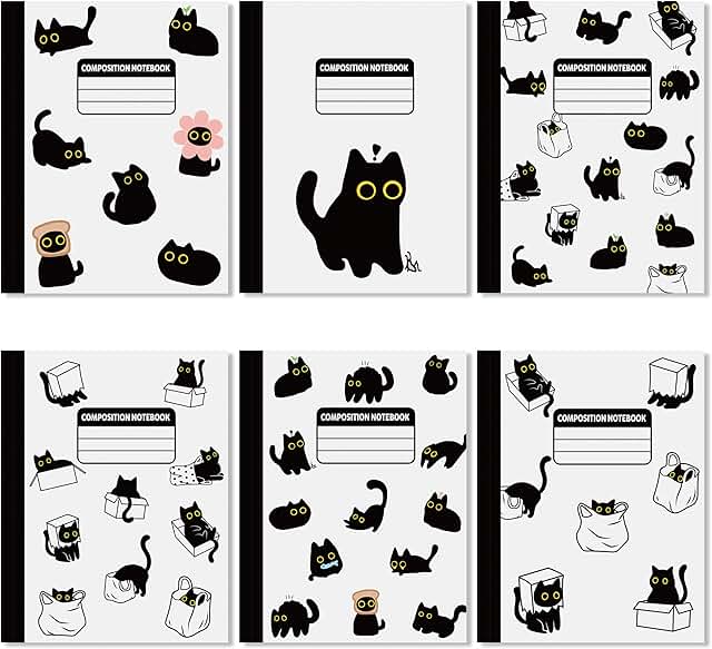 Set of 6 Black Cat Notebooks for School and Office